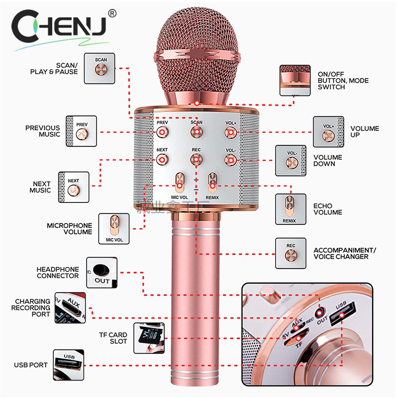Microphone Karaoke Wireless For Cell Mobile Phone Do Singing Bluetooth Condenser Mikrofon Blutooth Smartphone Micro DJ Audio