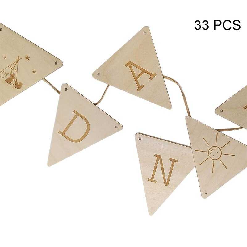 28EC – étiquette en tranches de bois naturel, avec corde, lettres en bois de tilleul, pour carte, bannière suspendue, 1 ensemble: Triangle 33 pieces