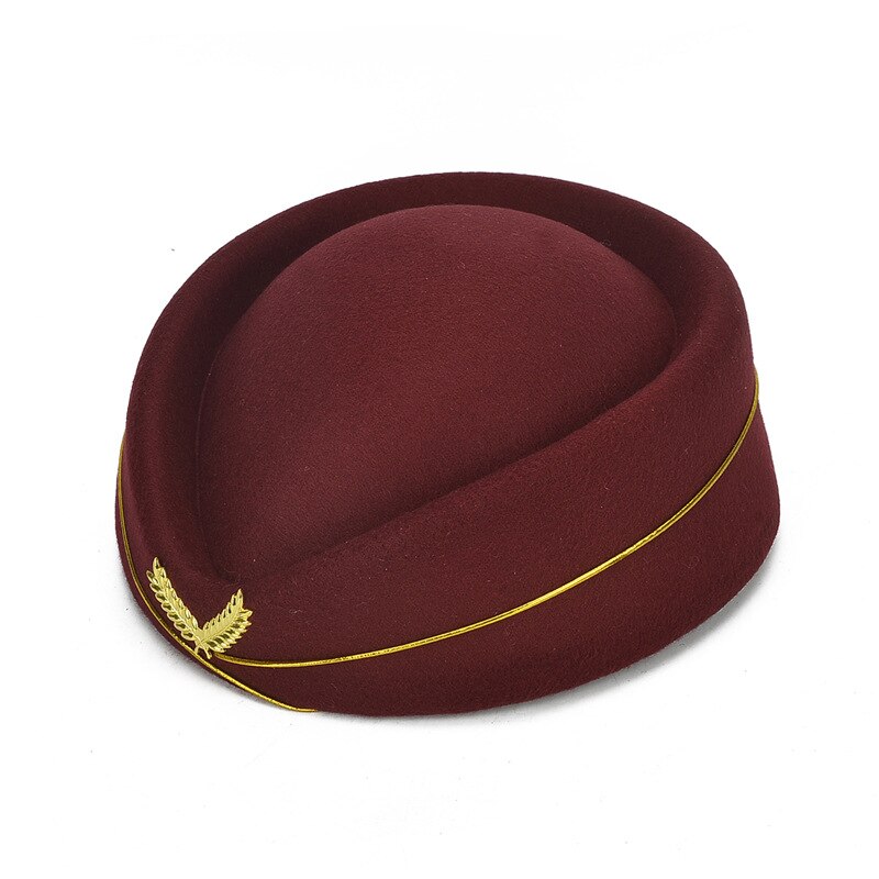 Sombrero de azafata, gorra de equipo de tambor, banda de actuación, boina de lana de cortesía para Hotel, baile, escenario, chica, disfraz de animadora, sombrero de uniforme: Wine Red