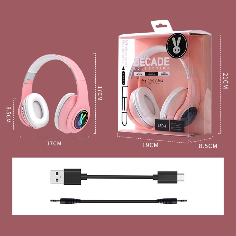 Wireless Cat Ear Headphones - Bluetooth 5.0 - LED Lights - 10h Playtime - TF Card/Aux - With Mic
