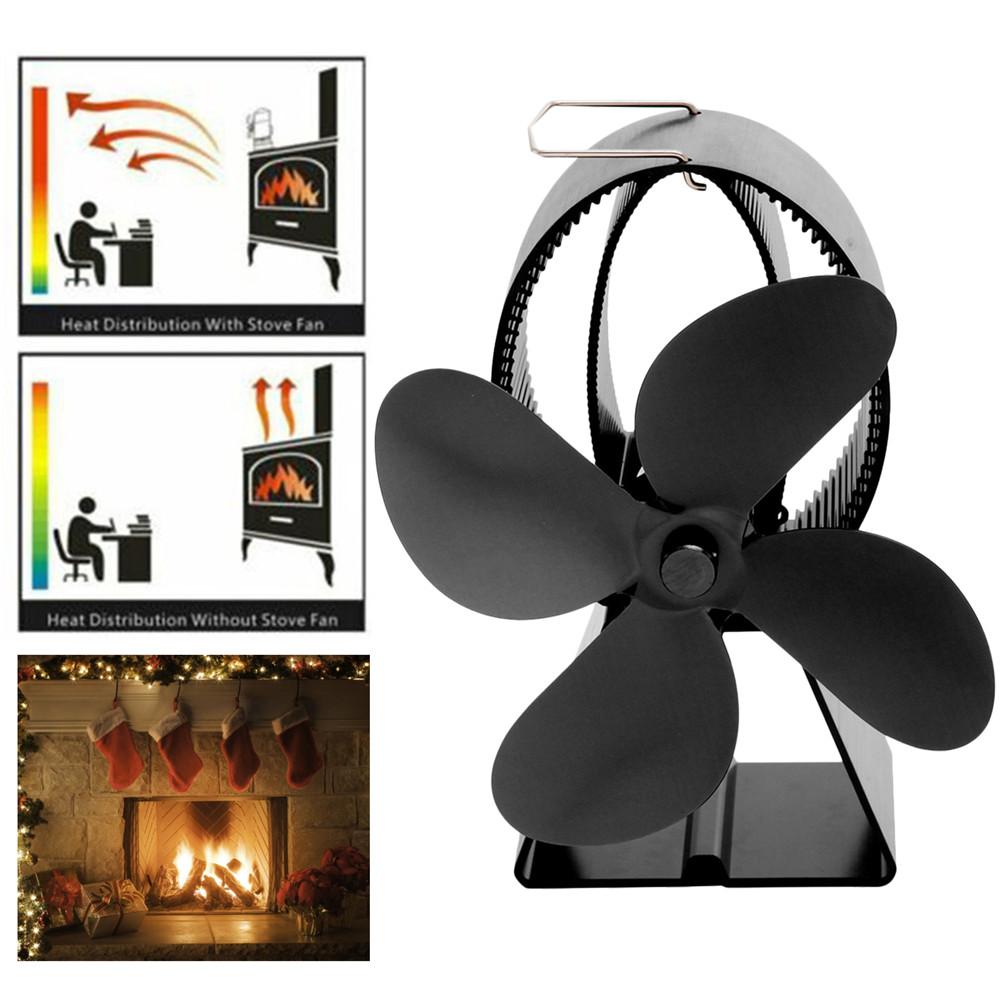 4- bladige zwarte open haard warmte aangedreven kachelventilator thuis efficiënte warmteverdeling komin houtkachel vriendelijke stille ventilator