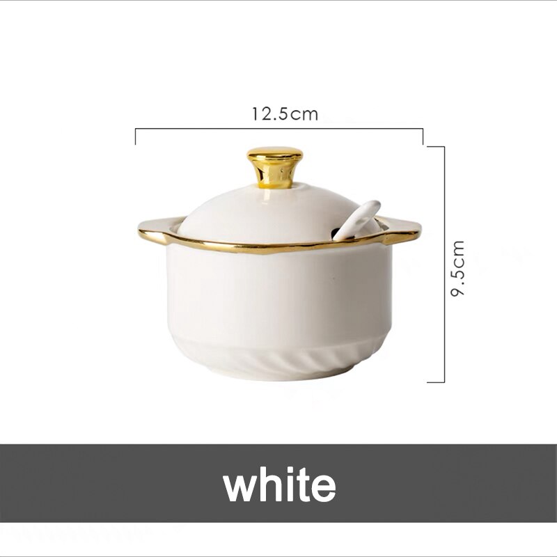Cuenco de cerámica con tapas y cuchara para azúcar, juego de frascos de especias para condimentos de lujo, contenedor de almacenamiento de azúcar para Cocina: white