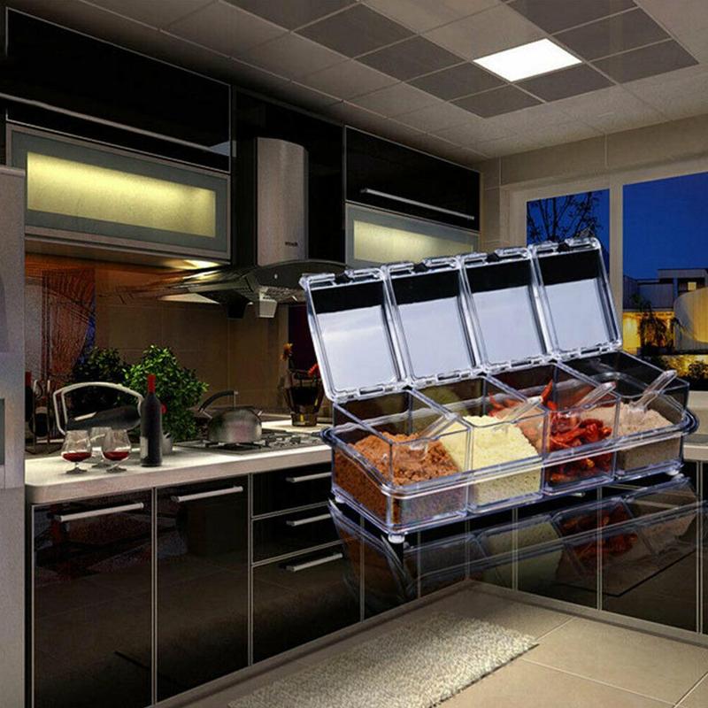 Four Grid Kitchen Seasoning Box Set Crystal Transparent Gadget Salt Kitche Seasoning Seasoning Spoon Sugar Jar Box S9I8