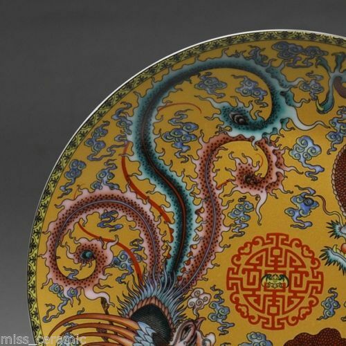 8"Chinese Rose Porcelain painted Dragon and phoenix Plate Qianlong Mark