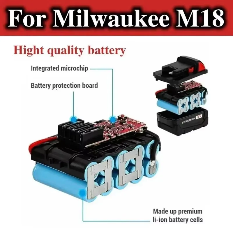 Para bateria de ferramenta elétrica milwaukee m18, carregador, br, xc, 18v, 5000mah-12000mah m18b5, 48-11-1860, bateria 18650 10c integrada