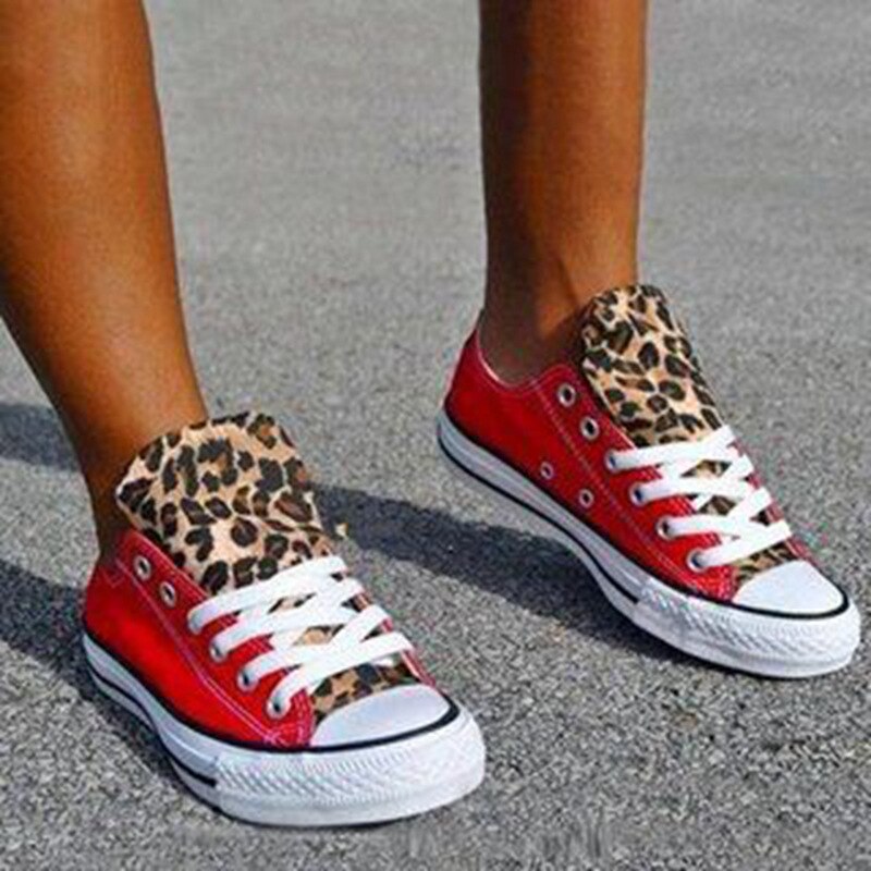 Vår höst kvinnor leopard skor sneakers dam snörning fritidsskor andas canvas skor zapatos de mujer: Röd / 41