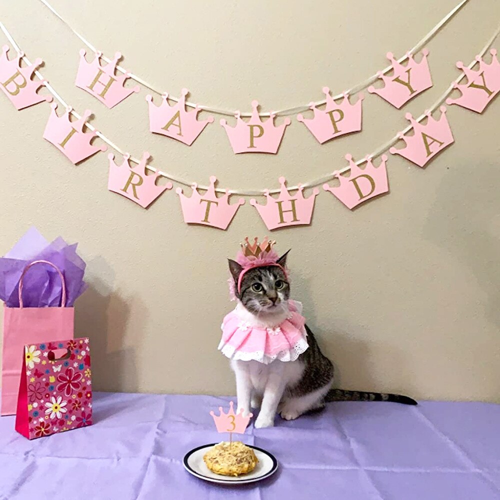 Pet Birthday Acessorio Dress Up The Cat, Pet Birthday Costume gatti o cani Crown Hat Lace Saliva Set di asciugamani, bavaglino compleanno per animali domestici