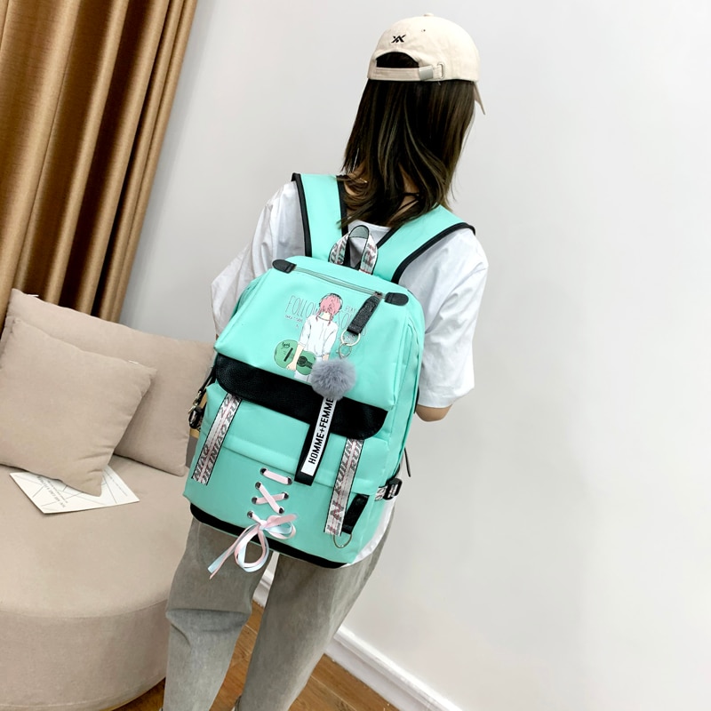 Tela di Grandi Dimensioni Capacità Usb Borse Da Scuola per Le ragazze Adolescenti Donne Zaino Bookbags Verde Medio Alta Università Adolescenti Zaino della Ragazza
