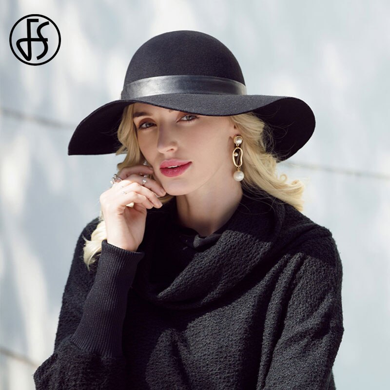 FS Winter Black Hat For Women Big Wool Fedora Hats With Leopard Belt Cloche Felt Wide Brim Bowler Hats Ladies Derby Fedoras