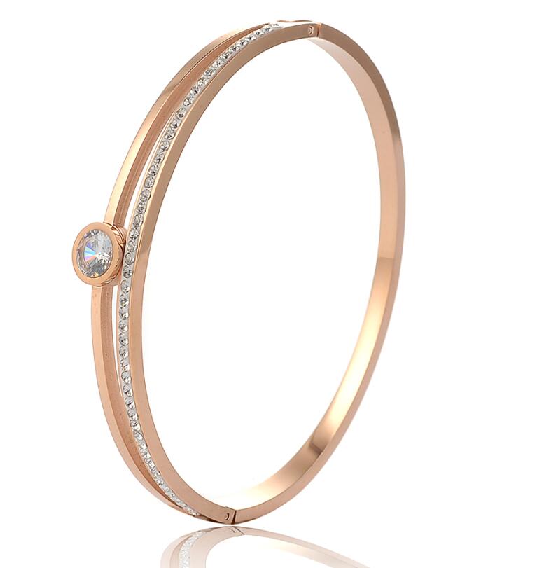 Vrouwen Ronde Crystal Rvs Rose Goud Zilver Armband Lover Titanium Armband Wedding Party Charmant Sieraden: Rose gold