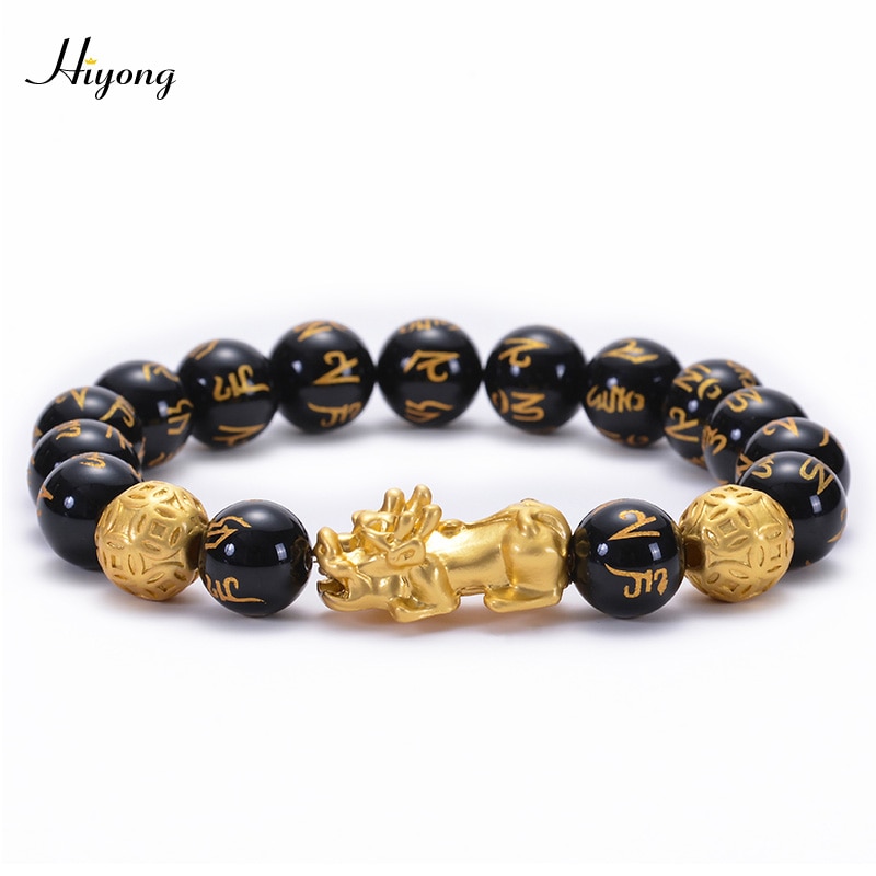 Feng shui preto obsidian grânulos pulseira de alta qualidade pixiu riqueza pulseiras para homens charme buda liga jóias