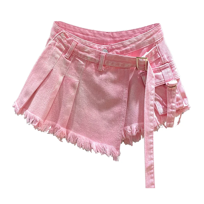 Uregelmæssig Pink Denim Nederdel Dame Sommer Høj Talje Slimming Falsk Todelt A-Line Arbejdstøj Kort Mini Nederdel