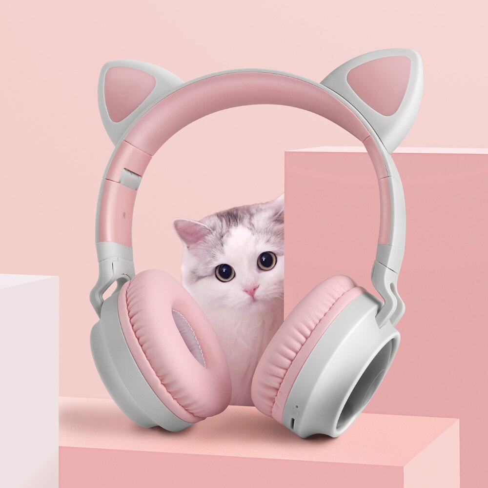 Auriculares inalámbricos con luz LED para teléfono móvil, audífonos con Bluetooth 5,0, auriculares de música estéreo para chica e hija, PC, Oreja de Gato