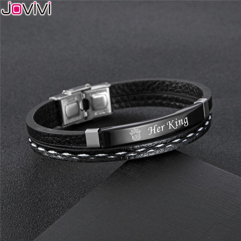 Jovivi Edelstahl Paar Armbänder Ich würde Schild Mit Ihr König & seine Königin Armbänder Liebhaber Leder Einstellbar Armbinde Schmuck Neue: Schwarz