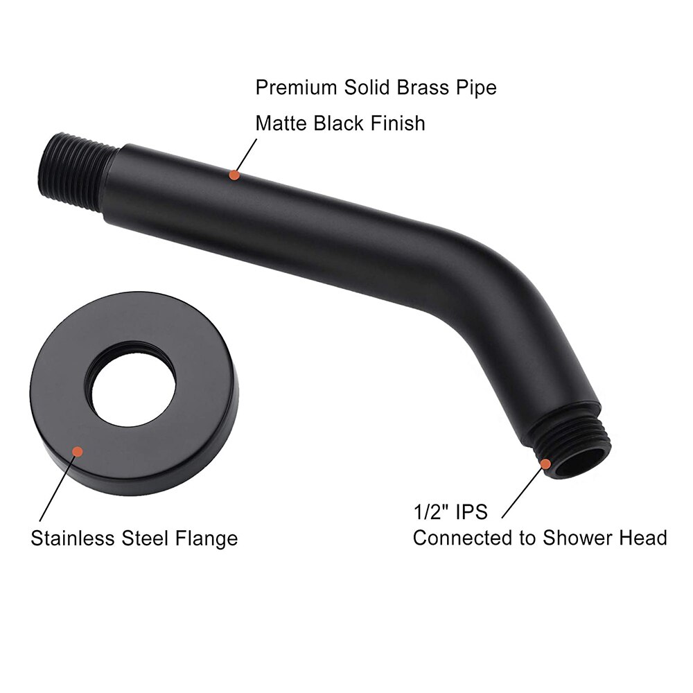 6 Inch Shower Arm and Flange - Solid Brass Wall Mounted Shower Arm Replacement for Fixed Shower Head, Matte Black