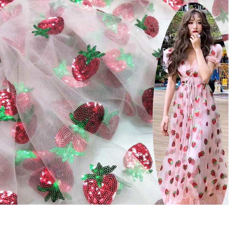 Soft Translucent Sequins Strawberry Embroidery Mesh Fabric for Wedding Party Dress Tulle Stage Garment Diy Sewing Lace Fabric