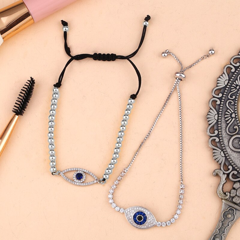 Blue Evil Eye Armband Voor Vrouwen Regenboog Turkse Kraal Koperen Inlay Zirkoon Vintage Kristal Armband Bruiloft Sieraden