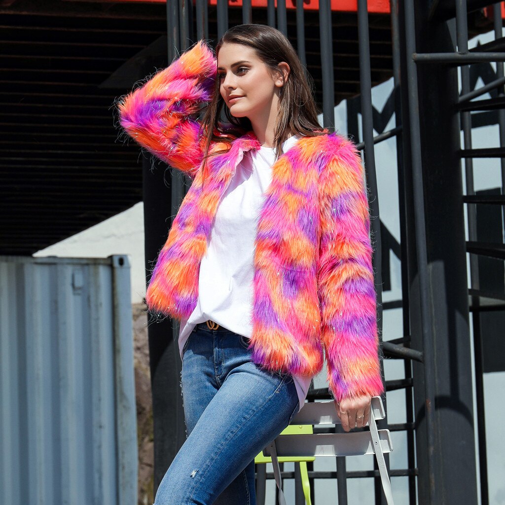 Women Furry Fur Coat Autumn Winter Female Jacket Boho Faux Fur Outerwear Cardigan Long-sleeved Loose Button Pocket Short Coat