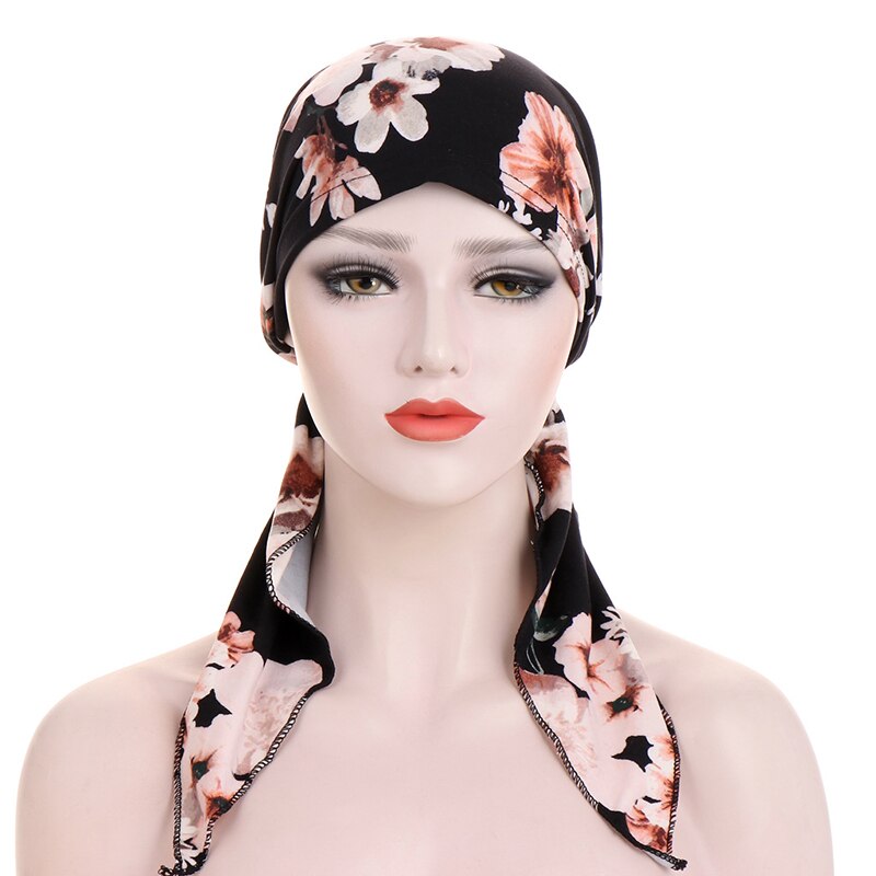 Kvinners muslimske hijab kreft chemo blomst utskrift lue turban lokk dekke hårtap hodeskjerf pakke inn pre-bundet hodeplagg strech bandana