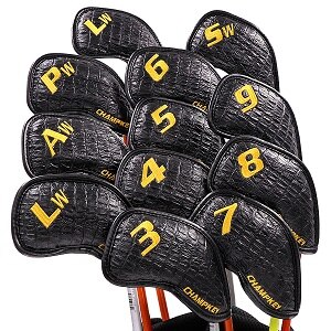 Nowy Champkey golf żelazo Headcover 12 sztuk/zestaw z zamknięciem nowy zielony kolor wąż gruby PU Skórzany powierzchnia: czarny krótki