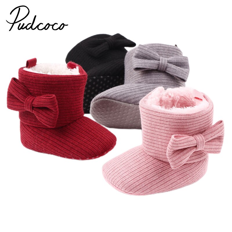 Pudcoco bebis flickor pojkar snöstövlar vinter varm solid mjuk sula halkskydd spjälsäng skor mysiga bowknot tossor