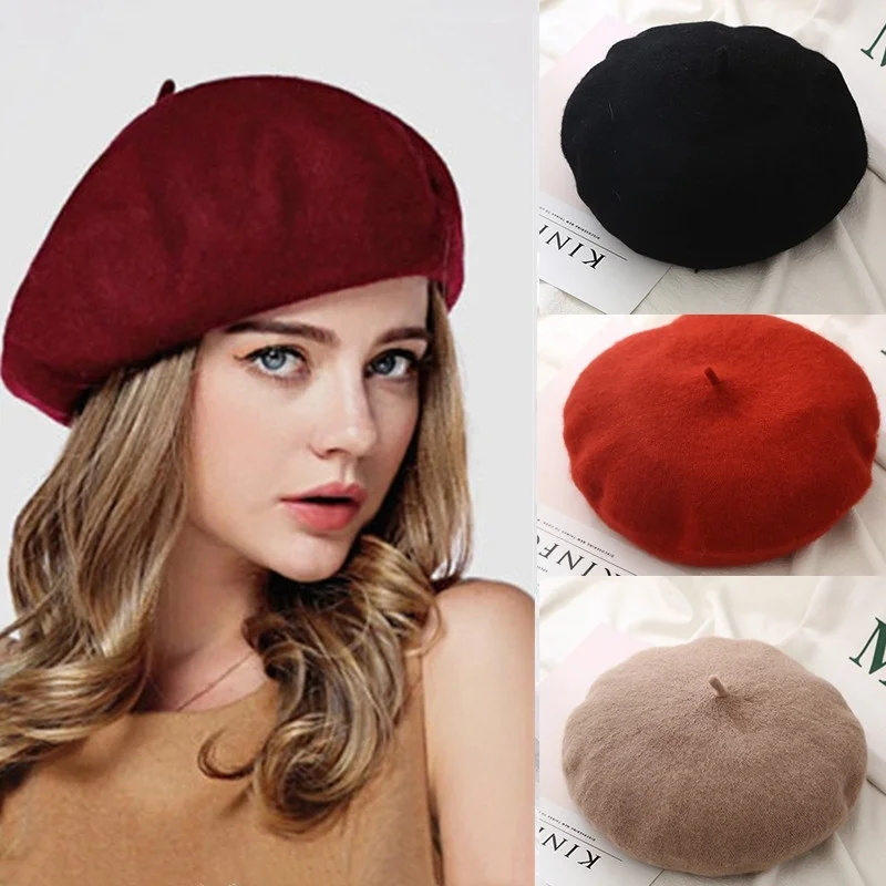Kobiety Dziewczyny Beret Francuskie wełniane czapki Ciepła zimowa czapka Berety Vintage Berety w jednolitym kolorze Eleganckie damskie czapki zimowe Czapki