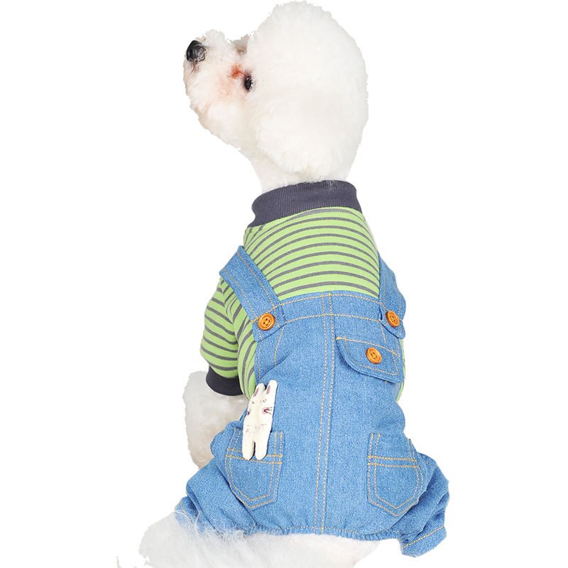 Høst og vinter nyeste stil hundeklær stripete fleece denim overalls dobbeltlags firbens tykk hunde-overall overall: Grønn / Xl