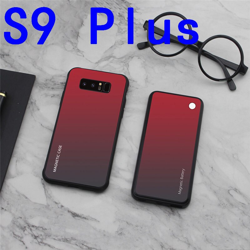 Slim Gradient Tempered glass Magnetic Wireless charger Case For Samsung Galaxy S8 S9 Plus Power Bank Battery Charging Case Cover: S9 Plus-Red