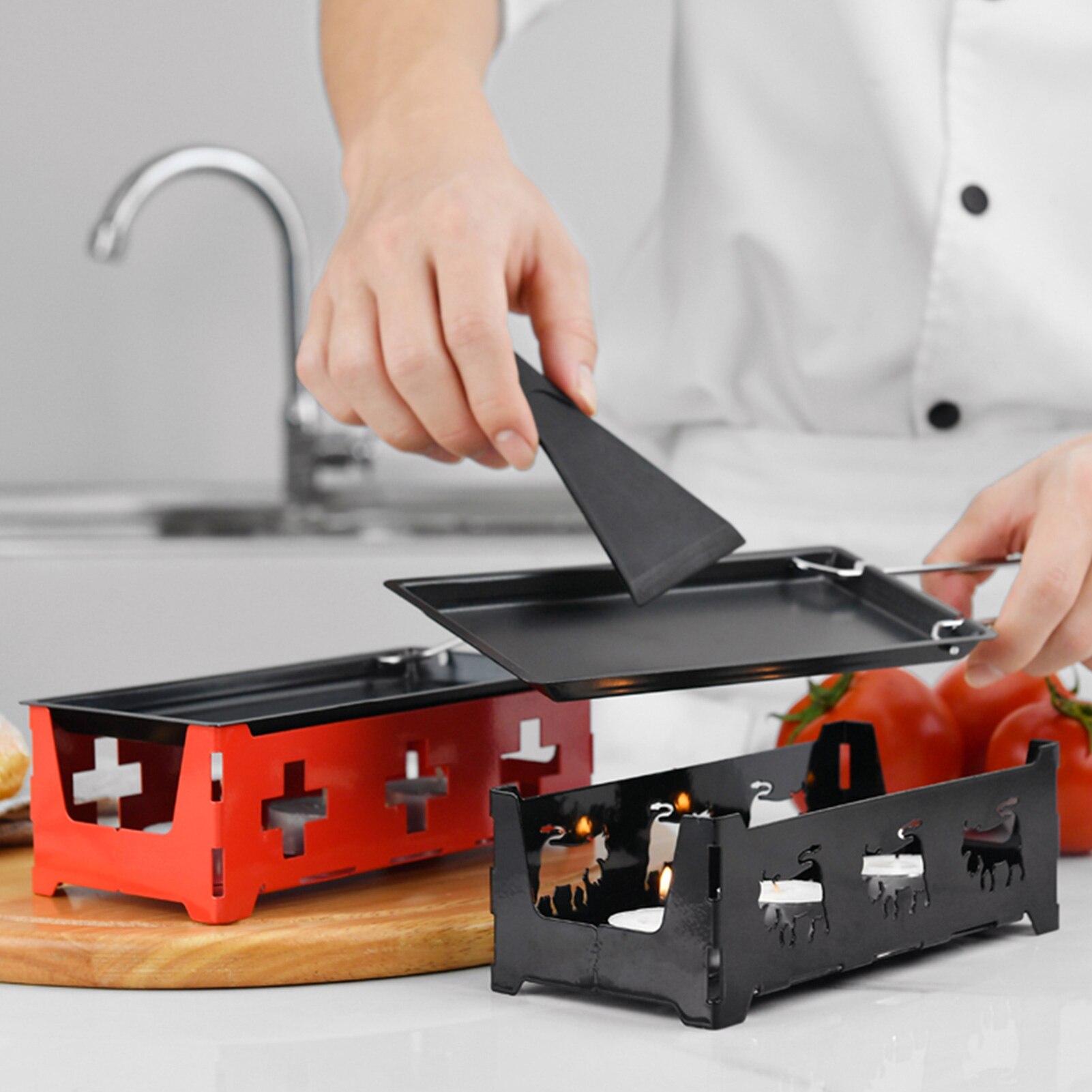 Cheese Raclette Set Non-Stick Cheese Melter Pan Raclette Grill Set Portable Candlelight Raclette with Spatula Kitchen Tool