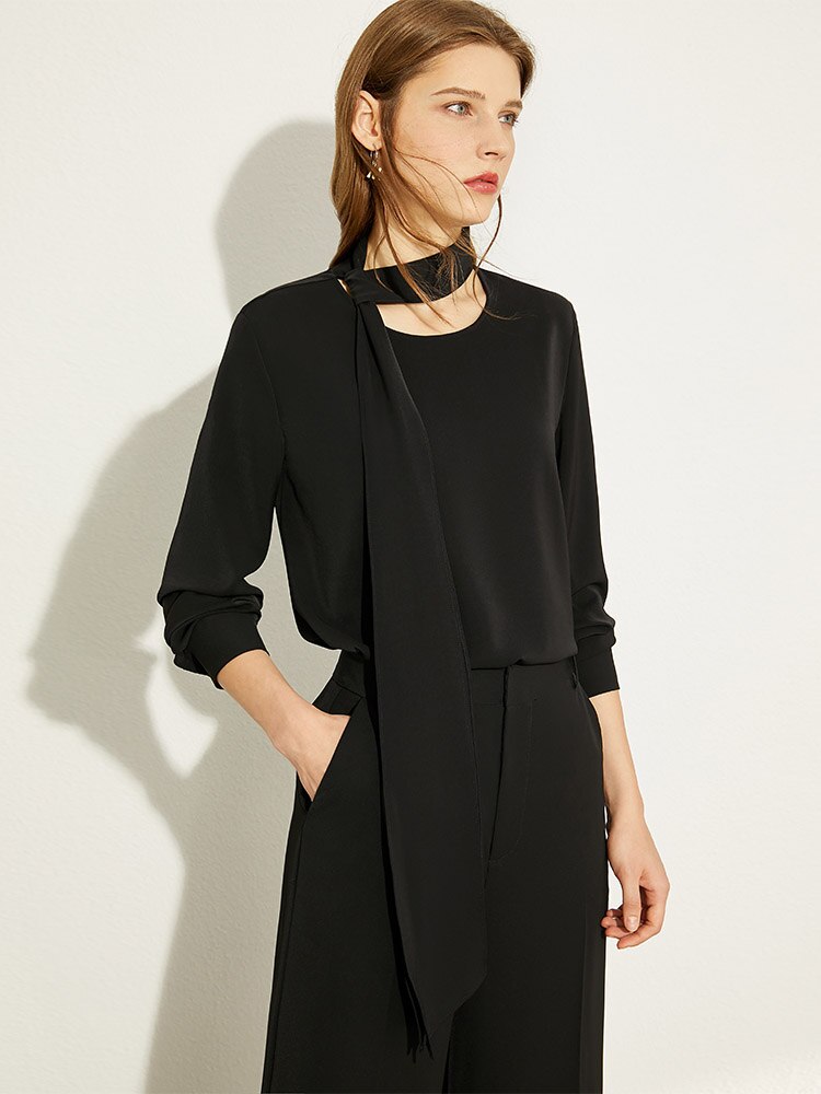 Amii-Blusa holgada informal con cuello redondo para otoño, Camisa lisa con cinturón para mujer, 12030268