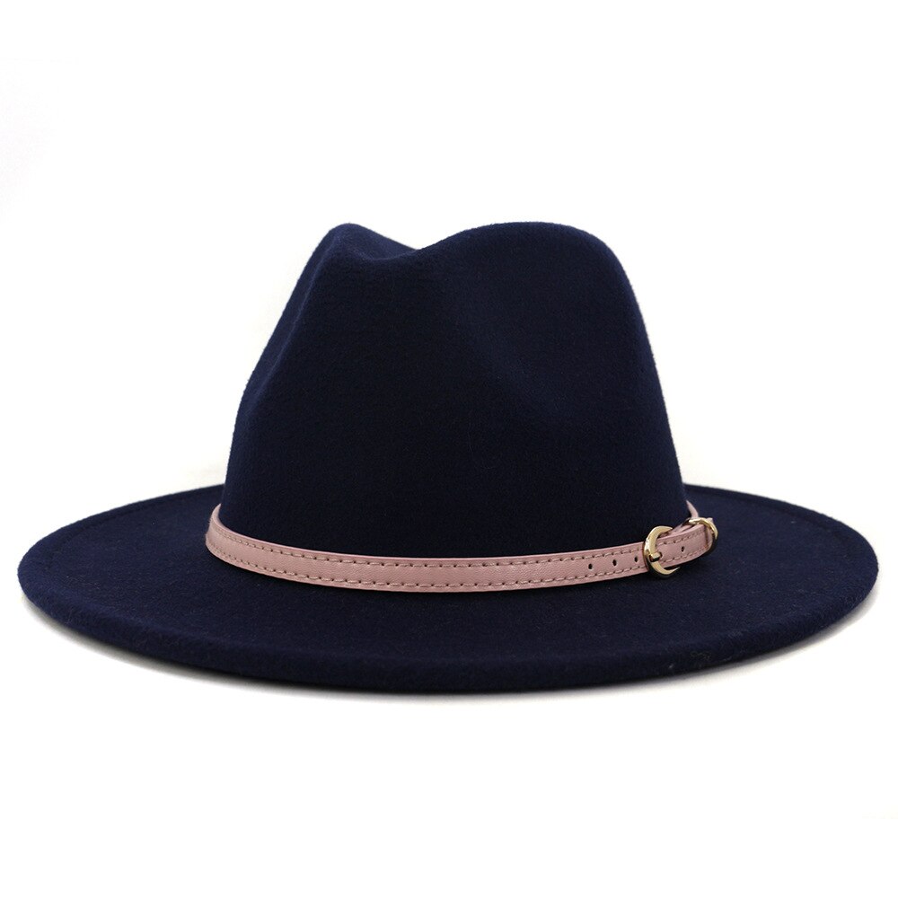 Fs roze vilten hoed winter fedora hoeden dames imitatie wol mix brede rand panama klassieke britse herfst dame jazz pet voor heren: Marine