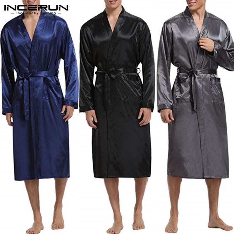 Incerun silke satin herr sovkläder morgonrock långärmad höst lång morgonrock lightwear avtagbara bältesfickor klänning pyjamas