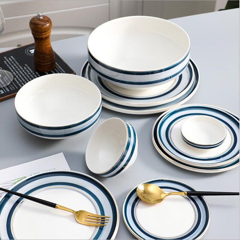 Gilt Rim Blue Gradient Dinner Plate Ceramic Kitchen Plate Tableware Set Food Dishes Rice Salad Noodles Bowl Soup Kitchen Tool