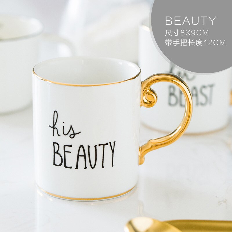 Tasse à café en porcelaine de 350ml, en céramique, couleurs grises, roses, Mr et Mrs, motif blanc, poignée dorée, tasses à thé et lait,: I Style