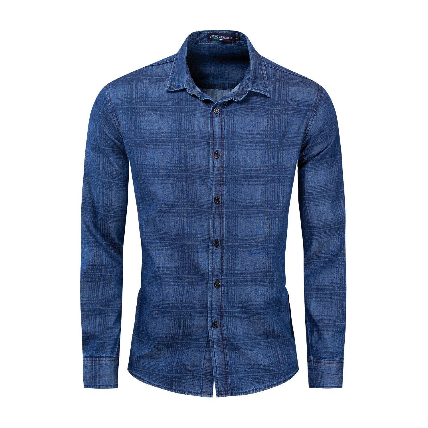 European and American Plus Size Shirts Men's Cotton Long-sleeved Shirt Denim Plaid Shirt: S