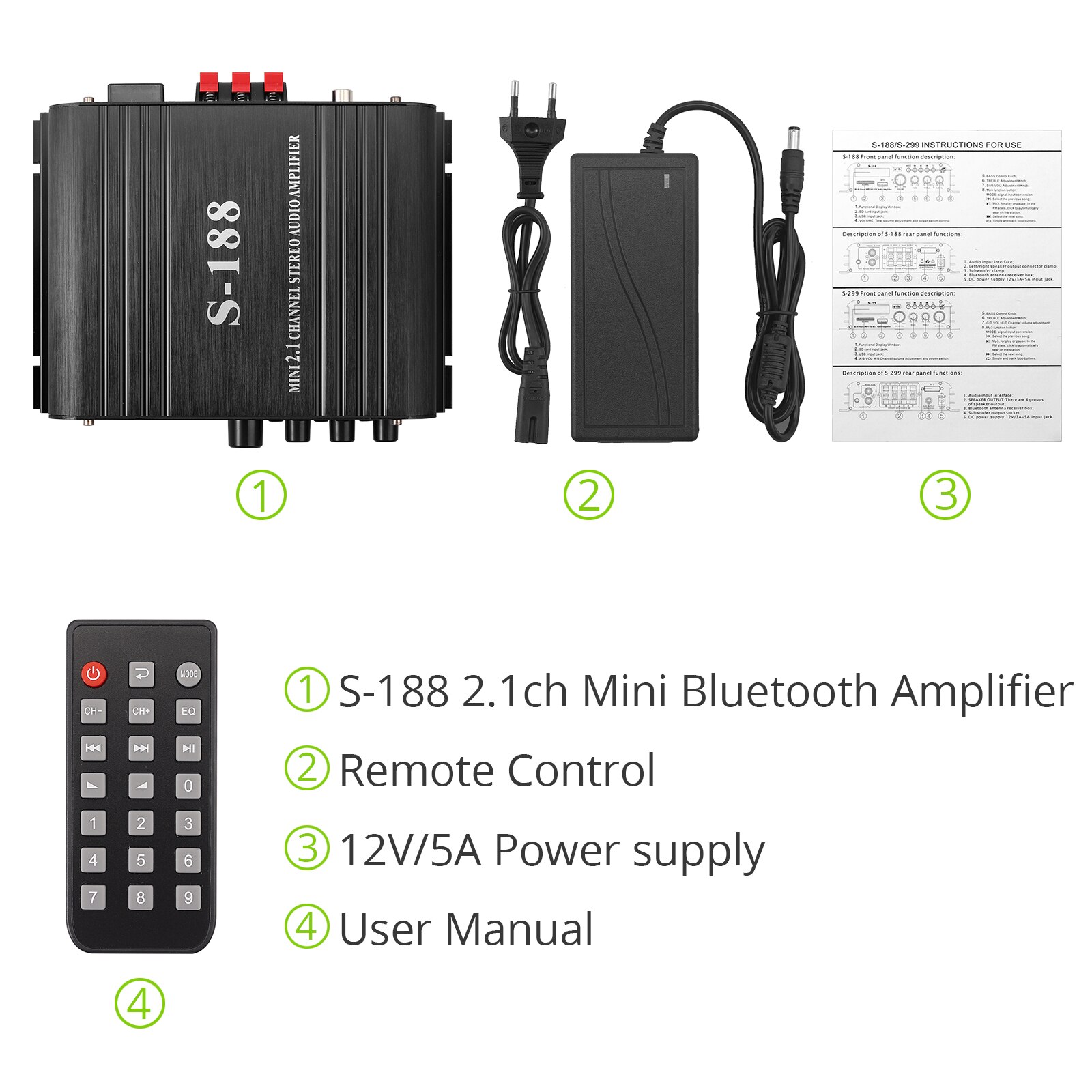 S-188 Home Digital Amplifier Bluetooth-Compatible Audio Power Amplifier Bass &amp; Treble Control Hifi USB FM Music Player Sound Amp