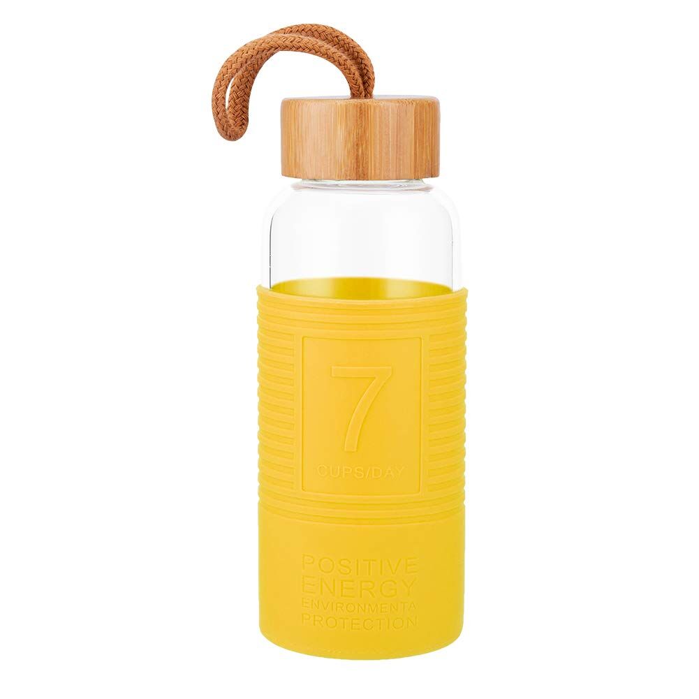 borosilicaatglas bamboe deksel glas water fles met siliconen mouwen mini water drink fles met touw: YELLOW
