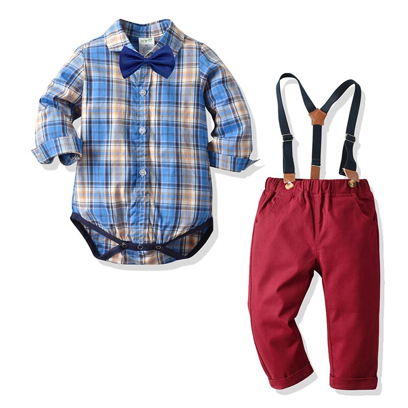 Herfst Jongen Lange Mouw Plaid Set Bib Broek Gentleman Jumpsuit Set Comfort Katoenen Shirt Dark Gesp Pak