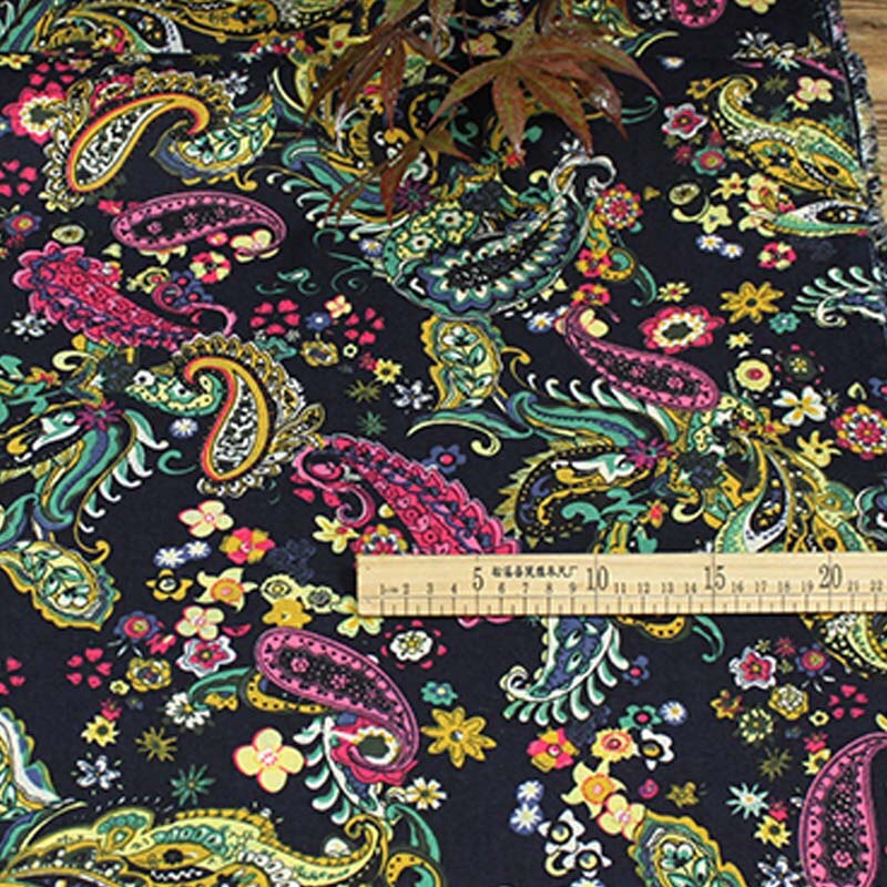 cotton and linen ethnic red dark blue Paisley Pattern floral textile for DIY handwork tablecloth curtains blouse dress fabrics: DARK BLUE / 100X140CM