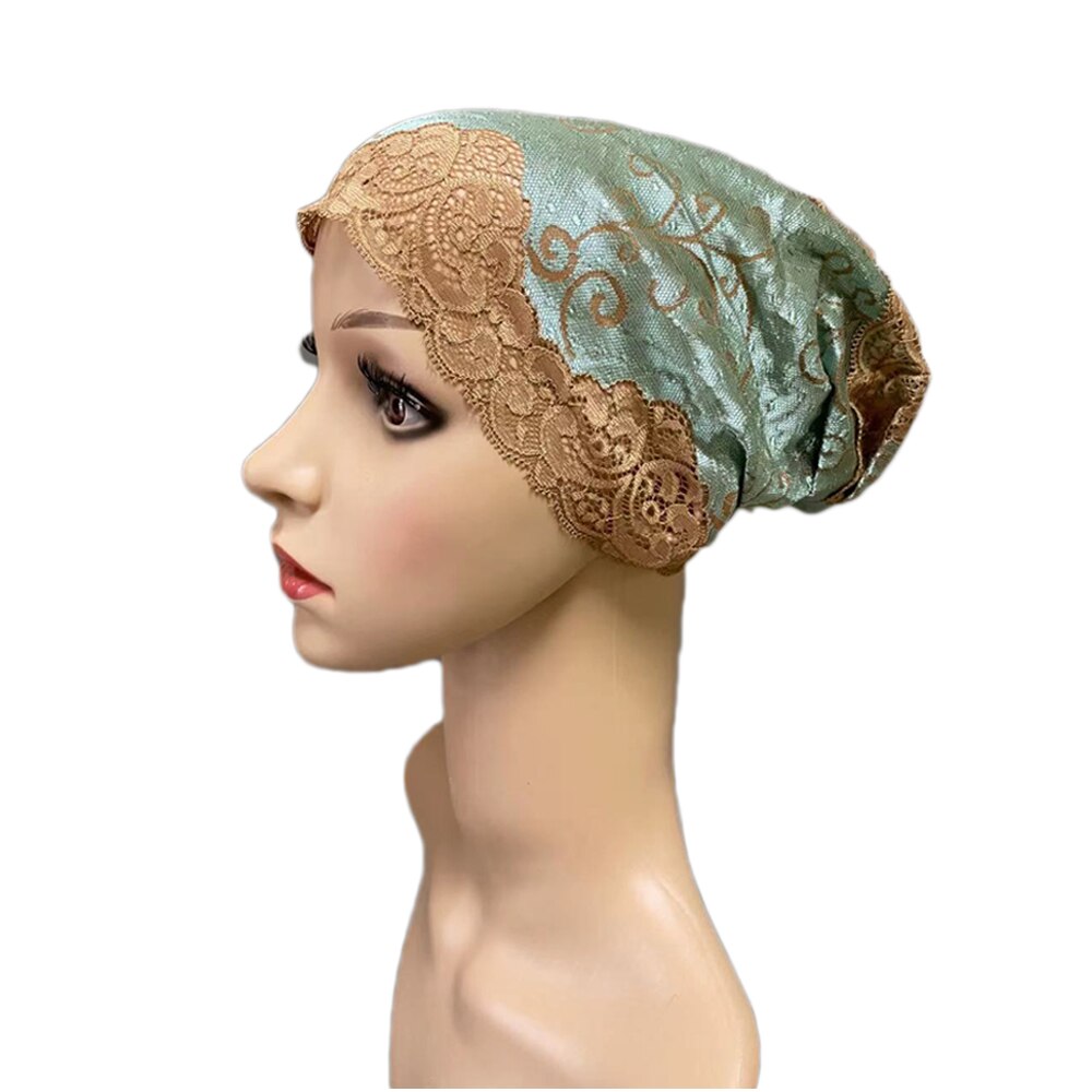 Gorro de tubo de cobertura completa para mujer, gorro interior musulmán con flores de encaje, pañuelo para la cabeza, sombrero islámico árabe, gorrito indio, turbante: 07 Green Khaki