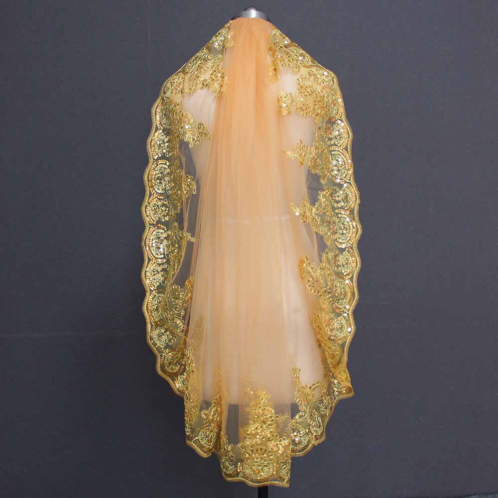 Gold Lace Appliques with Sequins Wedding Veil One Meter One Layer Bridal Veil Colorful Veil for Bride Velo de Novia