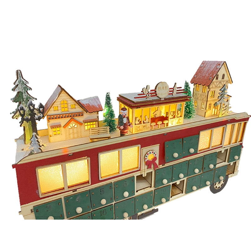 Kerst Houten Advent Kalender Bus Ornament Met Lades Led Light Up Dorp Scène 24 Dag Countdown Xmas Tafel Top
