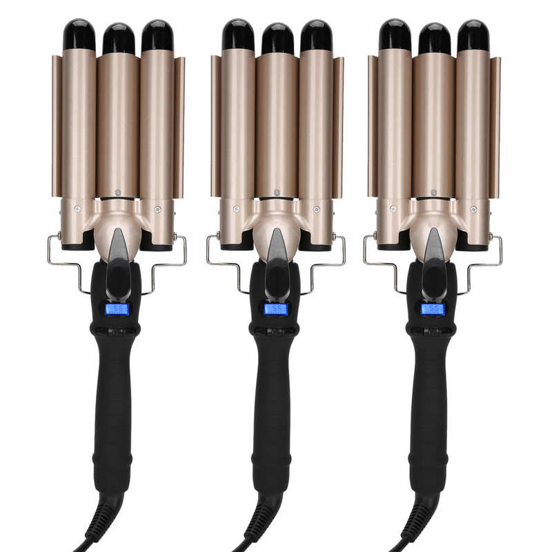 Nylon Heat-proof Head Fixed Handle Tourmaline Ceramic 3 Barrel Curling Iron Wand Hair Waver Curler Create "S" Wavy Style Tools