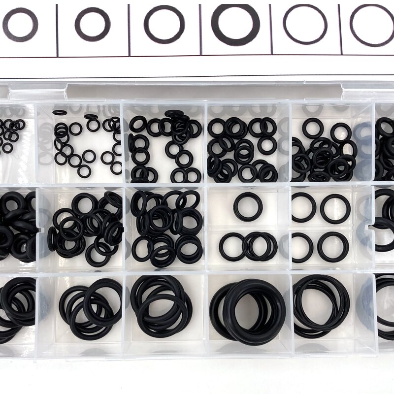 225 stk / parti sort gummi o-ring sortiment skivepakning forsegling o-ringsæt 18 størrelser med plastkasse gummiprop siliciumring