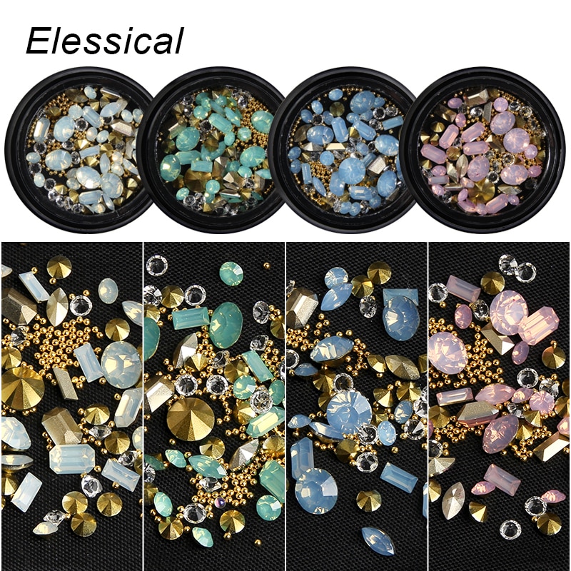 ELESSICAL Mixed Shape Opal Nail Resin Rhinestones Gems 3D Tip Drill Copper Nail Charm Beads Studs Manicure Nails Art Decorations