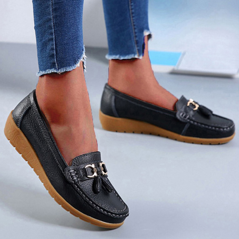 Ægte læder dame flade sko afslappet damesko mokkasiner sko dame slip-on flade sko sorte damesko plus size