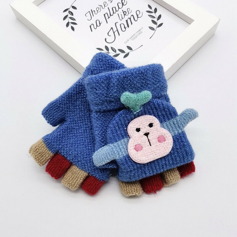 Unisex Kids Gloves Winter Cute Cartoon Knitted Cotton Half-Finger Boys Girls Warm Gloves Christmas Soft Student Mitten Monkey: Blue