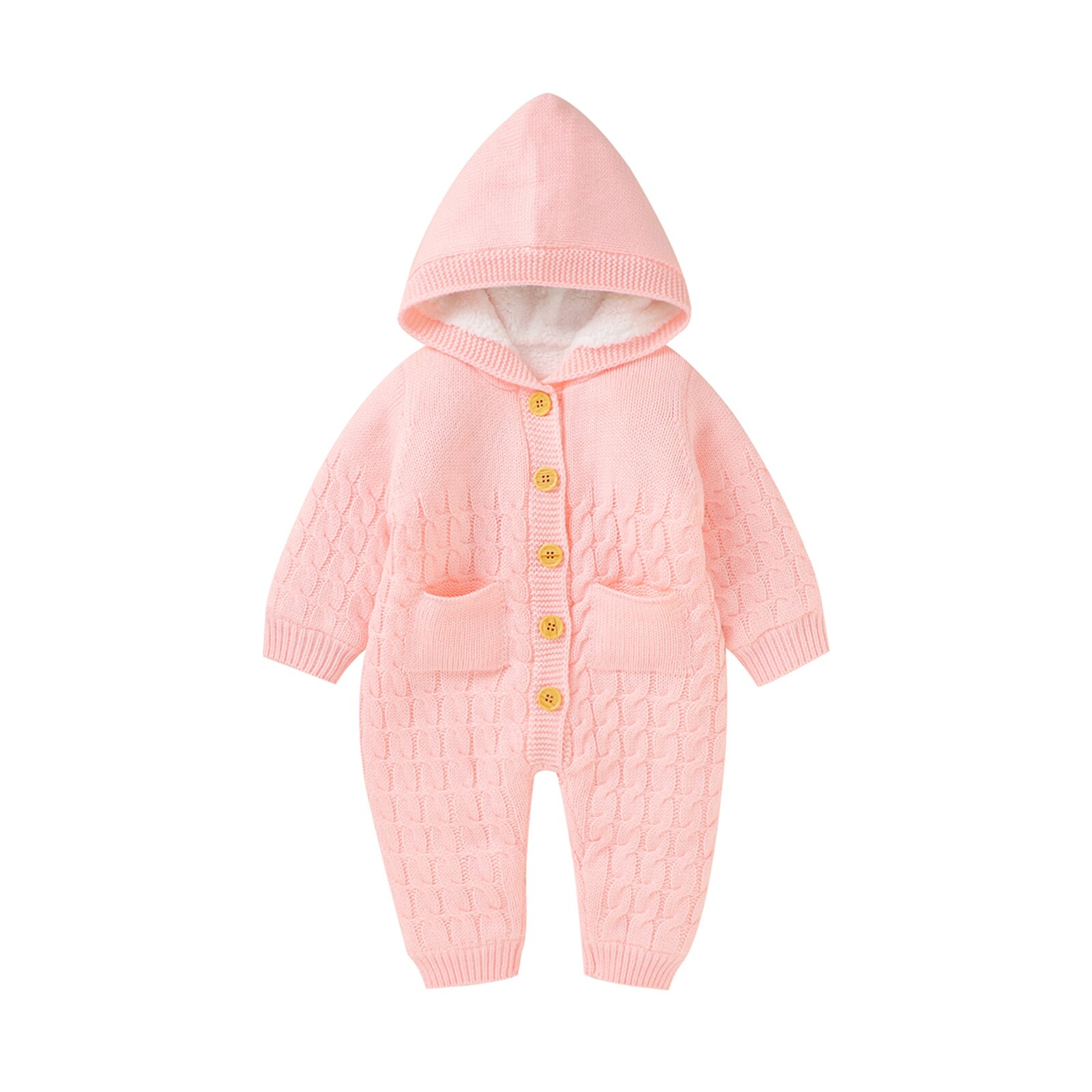 Baby Baby Meisjes Jongens Winter Warm Hooded Jumpsuit Effen Kleur Lange Mouwen Button Down Cable Knit Effen Romper: Roze / 6m