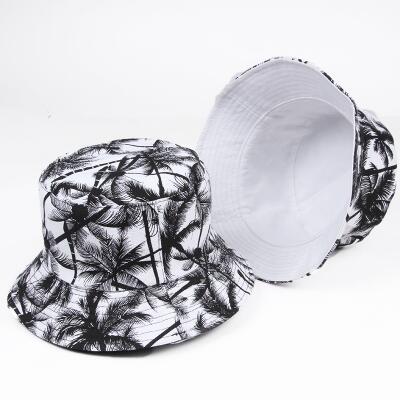 Unisex Summer Reversible Black White Coconut Tree Printed Fisherman Caps Bucket Hats Gorro Pescador Men Women: white