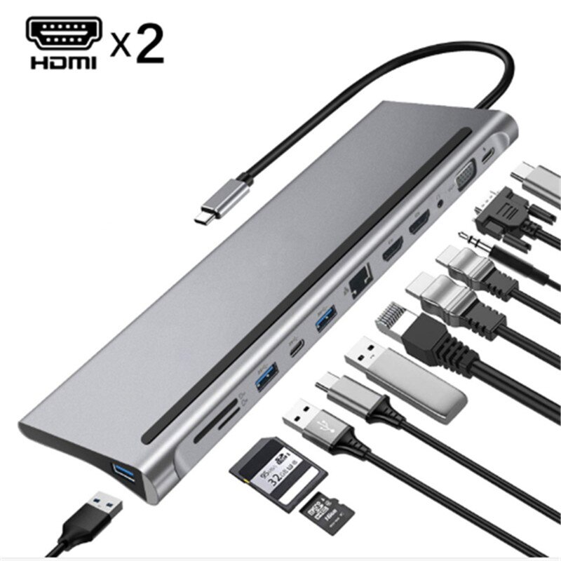 12-In-1 Usb Type-C Hub 4K Hdmi RJ45 Multi Usb 3.0 Power Pd Charger adpter USB-C Converter Kaartlezer Docking Station Voor Laptop